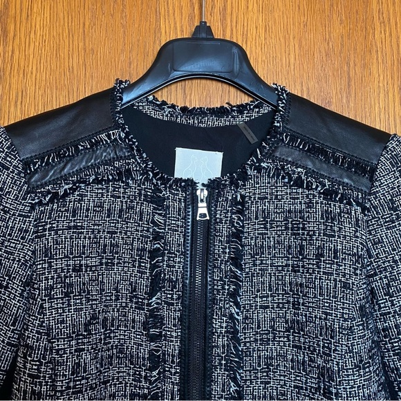 REBECCA TAYLOR Sz 4 Black/White Tweed Zip Lined Jacket Lamb Leather Accents - Picture 3 of 16